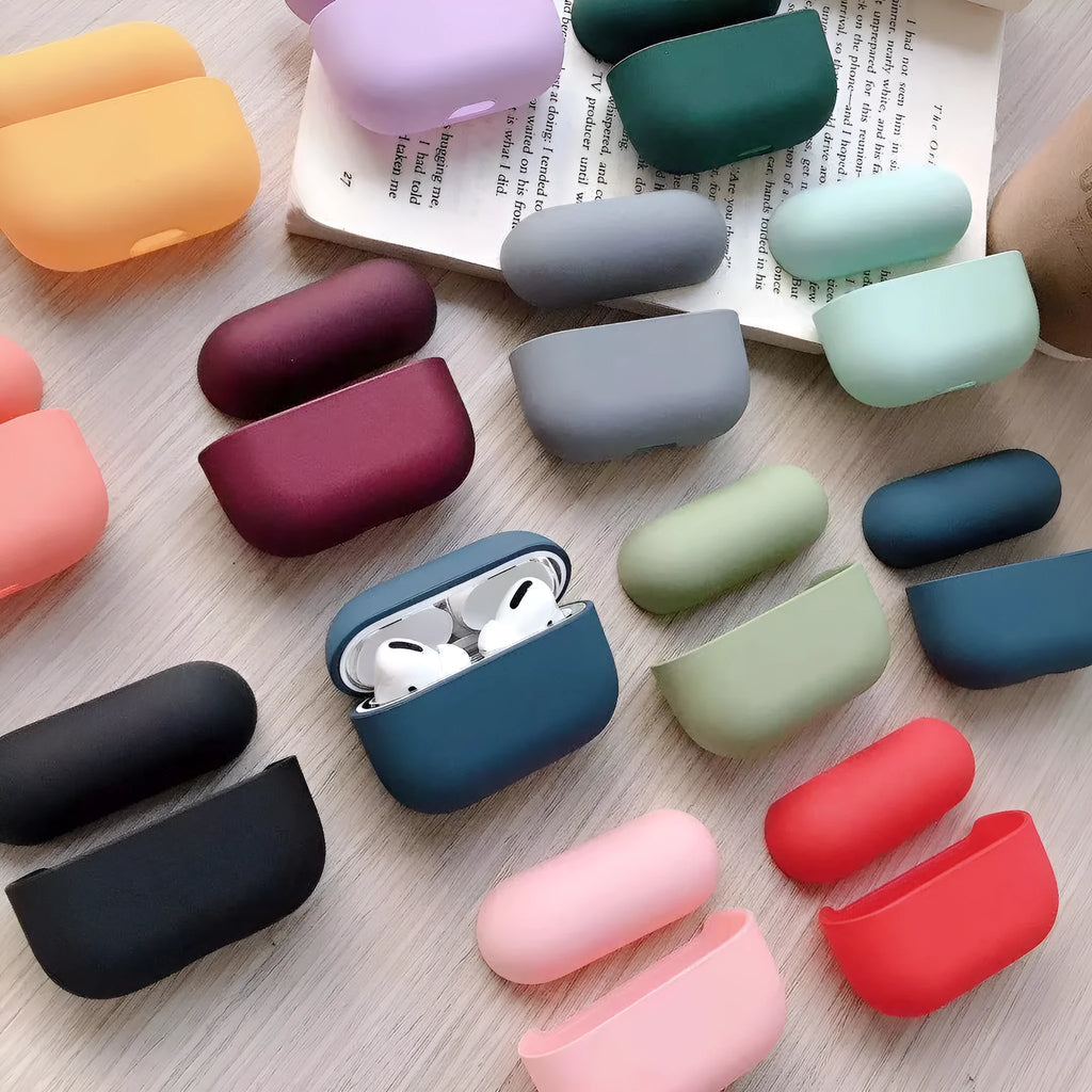 AirPods Pro protective plastic case showing multiple colour options including black, pink, green, blue, purple, red, and yellow