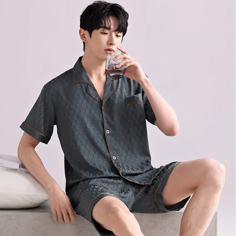 Men's ice silk pyjama cardigan set in artificial silk fabric with shorts, available in multiple satin jacquard patterns