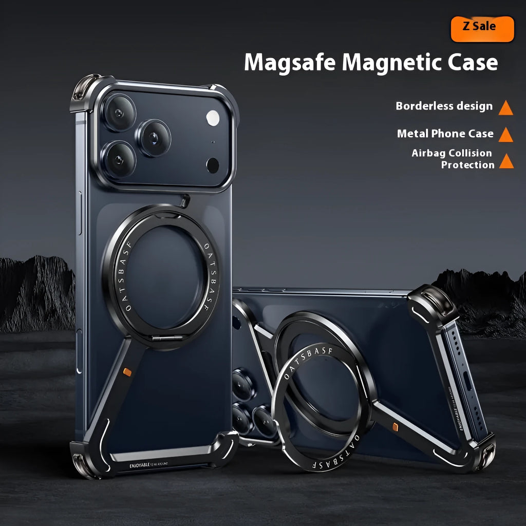 Black metal phone case for iPhone 17 Pro Max with magnetic bracket and heat dissipation features