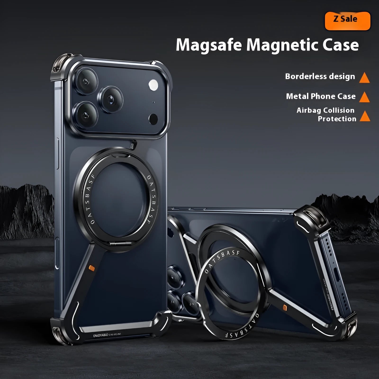 Black metal phone case for iPhone 17 Pro Max with magnetic bracket and heat dissipation features