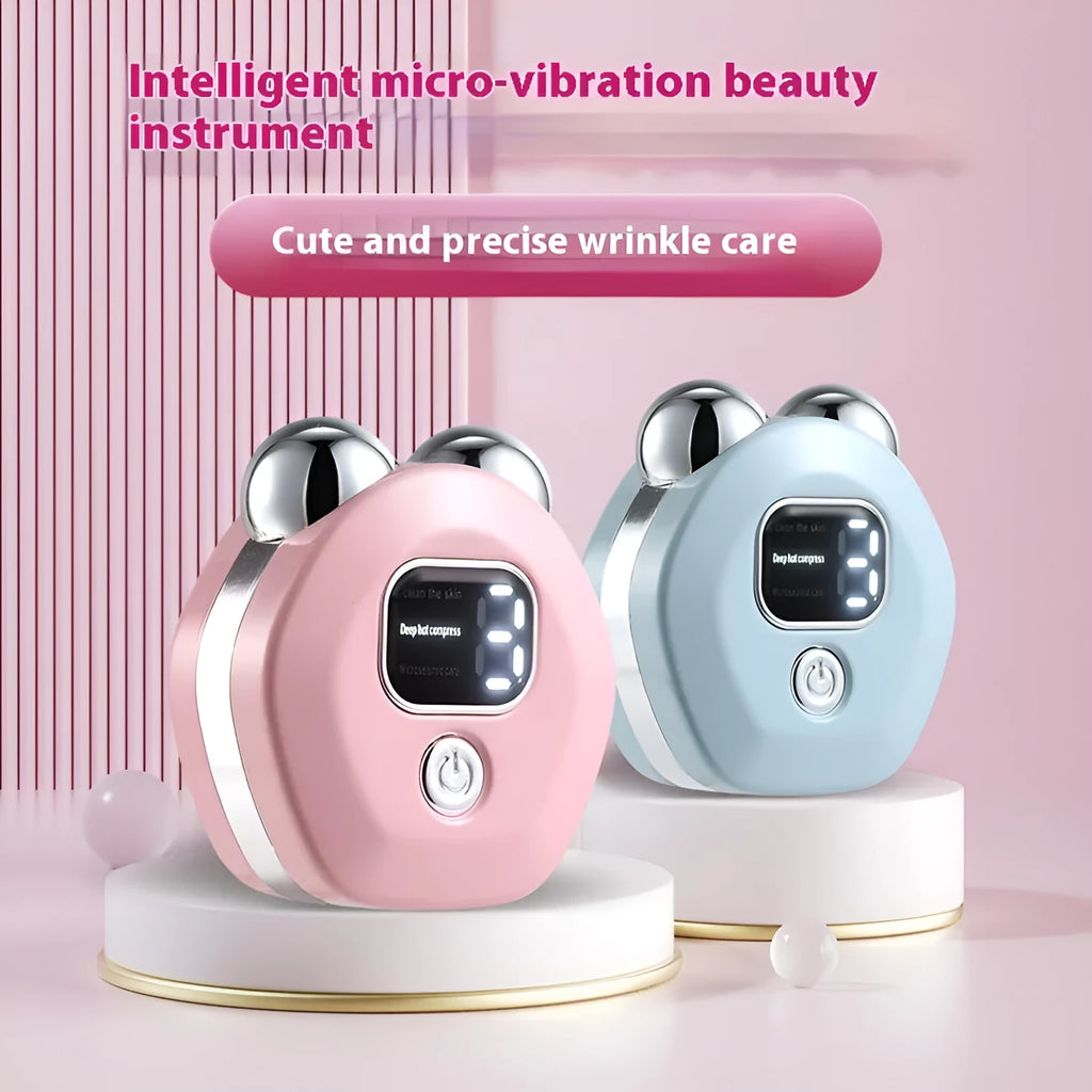 Portable white micro current facial massager with dual rollers and USB charging cable.
