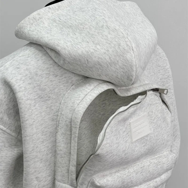 Men's hooded coat with back schoolbag design in light gray or black, polyester cotton blend, Asian sizes M to 4XL