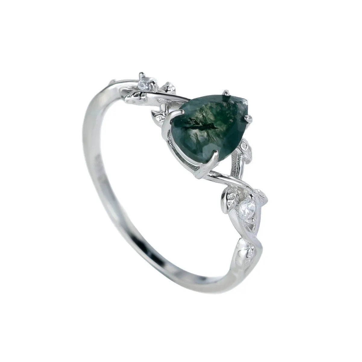 S925 silver ring with drop-shaped natural agate stone and branch leaf edge design on white background