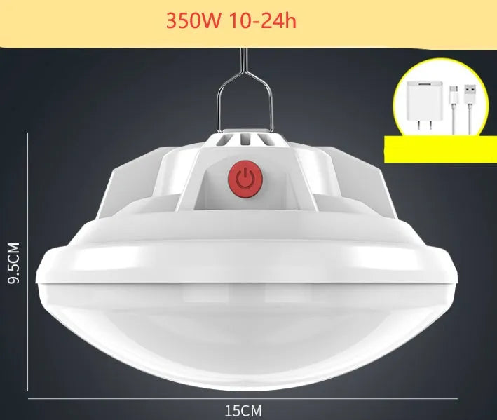 Multifunctional camp LED light with charging capability showing illumination radius measurement