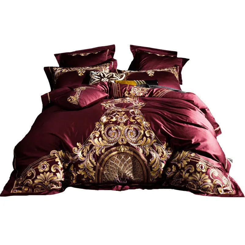 Four-piece embroidered cotton bedding set with duvet cover, bed sheet and two pillowcases in grey or red
