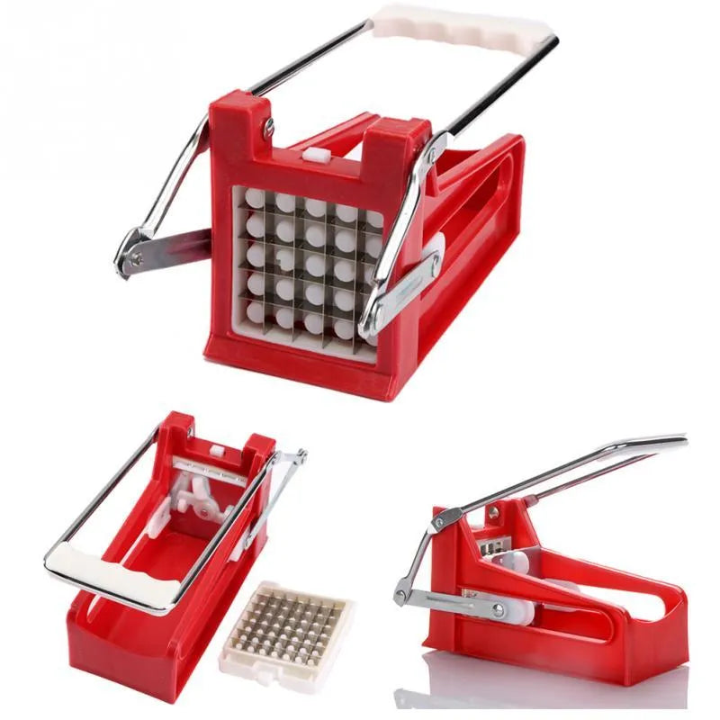 Potato cutter chopper with two stainless steel blades and non-slip rubber foot in kitchen setting