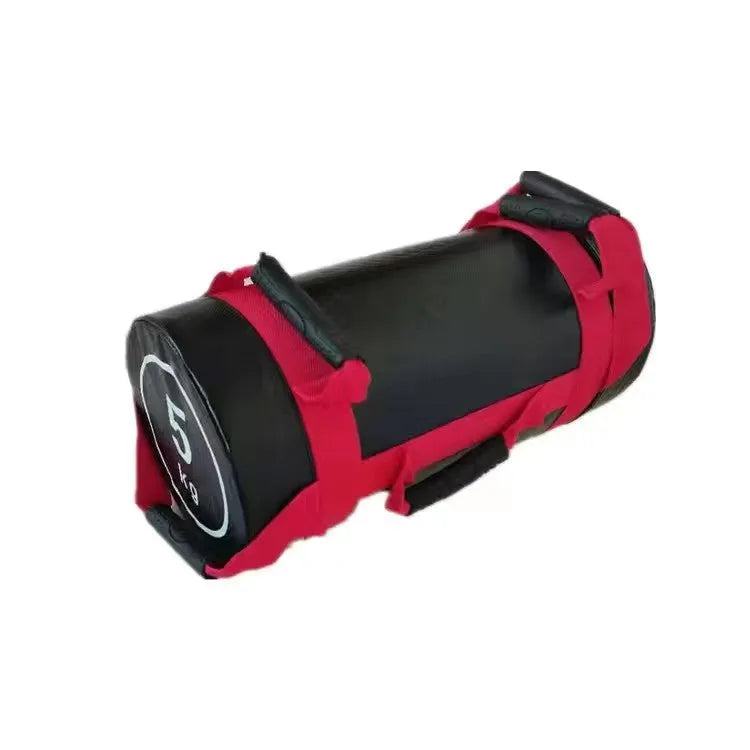White PVC fitness sandbag for weight training, shown with weight options from 5 to 30 kilograms.
