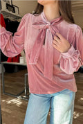 Fuchsia long sleeve blouse with velvet ribbon bow knot, 100% polyester pink top, sizes S M L XL