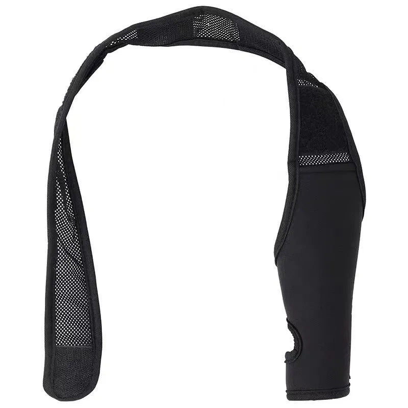 Dog leg support protector made of diving cloth and mesh with adjustable Velcro strap, shown on a dog's leg.