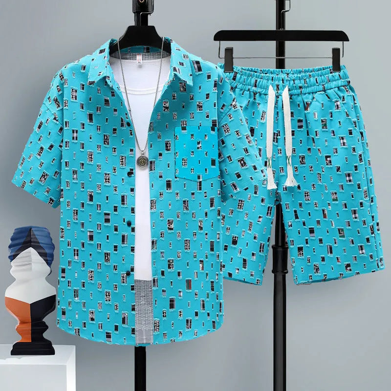 Men's casual polyester sports shorts two-piece set with short sleeve top in multiple colour options