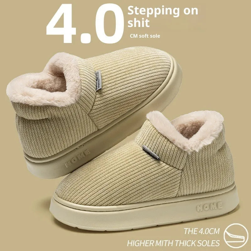Women's ankle wrap cotton slippers in brown, plush upper, non-slip EVA sole, flat heel, round toe, indoor thermal shoes