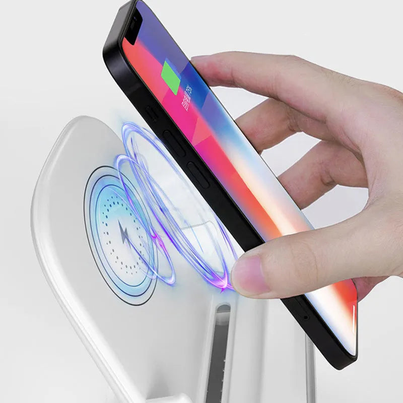 White 15W wireless charging stand with vertical desktop bracket, Type-C interface and QI protocol