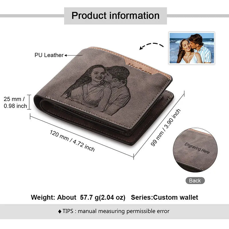 Coffee brown engraved horizontal short wallet with custom photo personalisation.