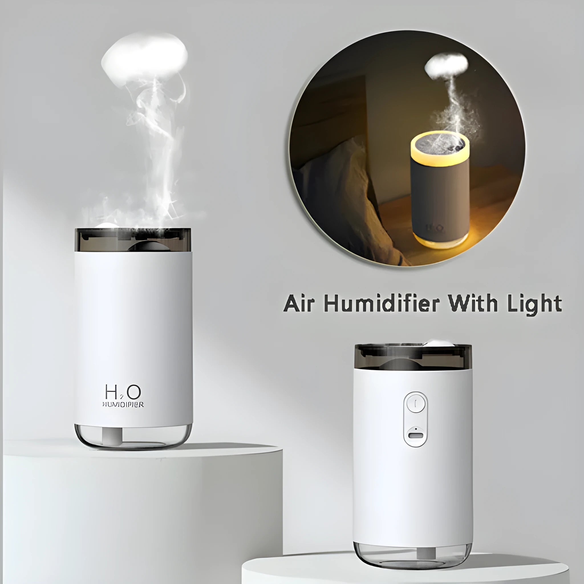 White jellyfish humidifier emitting smoke ring mist with warm night light on a desk