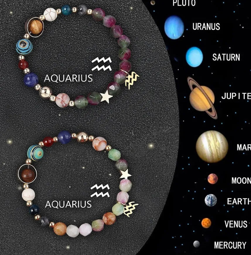 Two natural stone beaded bracelets with zodiac sign charms, showing the set of twelve astrological styles.