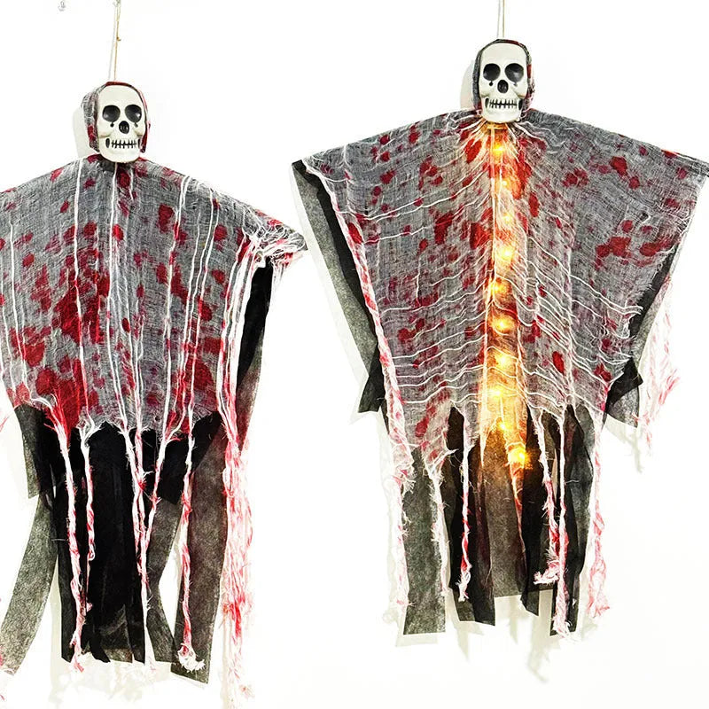 Blood-dyed luminous plastic skull hanging ghost Halloween ornament for outdoor decoration.