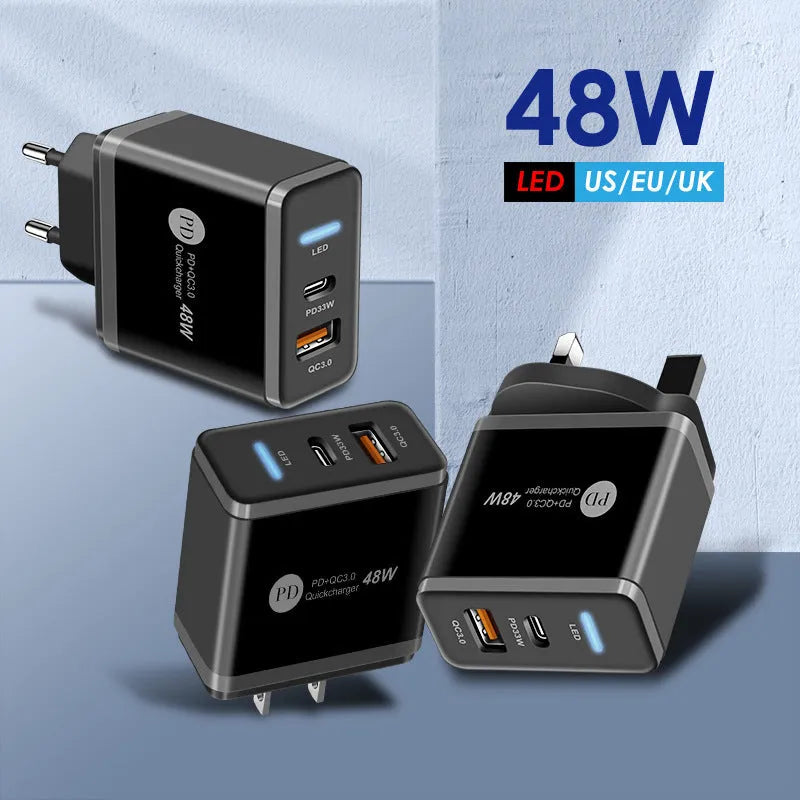 PD48W fast travel charger with USB-C port, indicator light, and choice of US, UK, or EU plug in black or white.