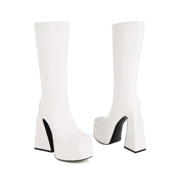 Women's black casual high boots with a PU leather upper, shown alongside red, blue, and white colour options.