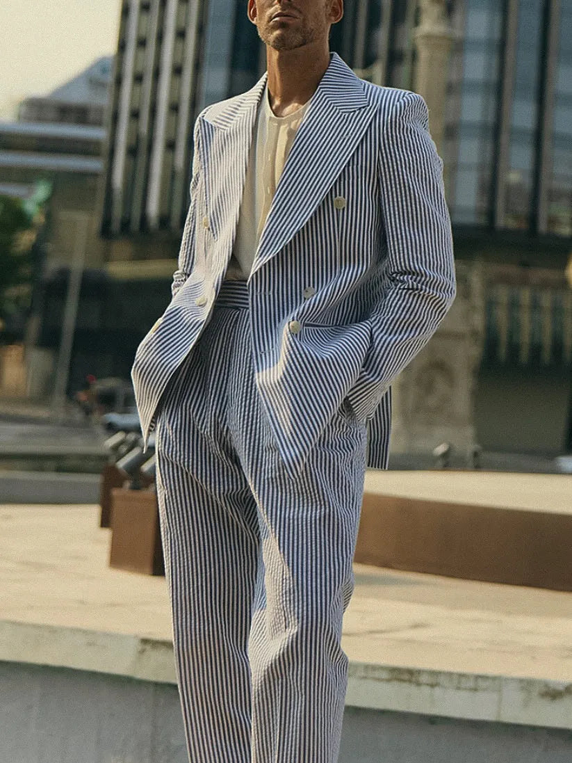 Blue and white striped polyester suit set for men with blazer and trousers