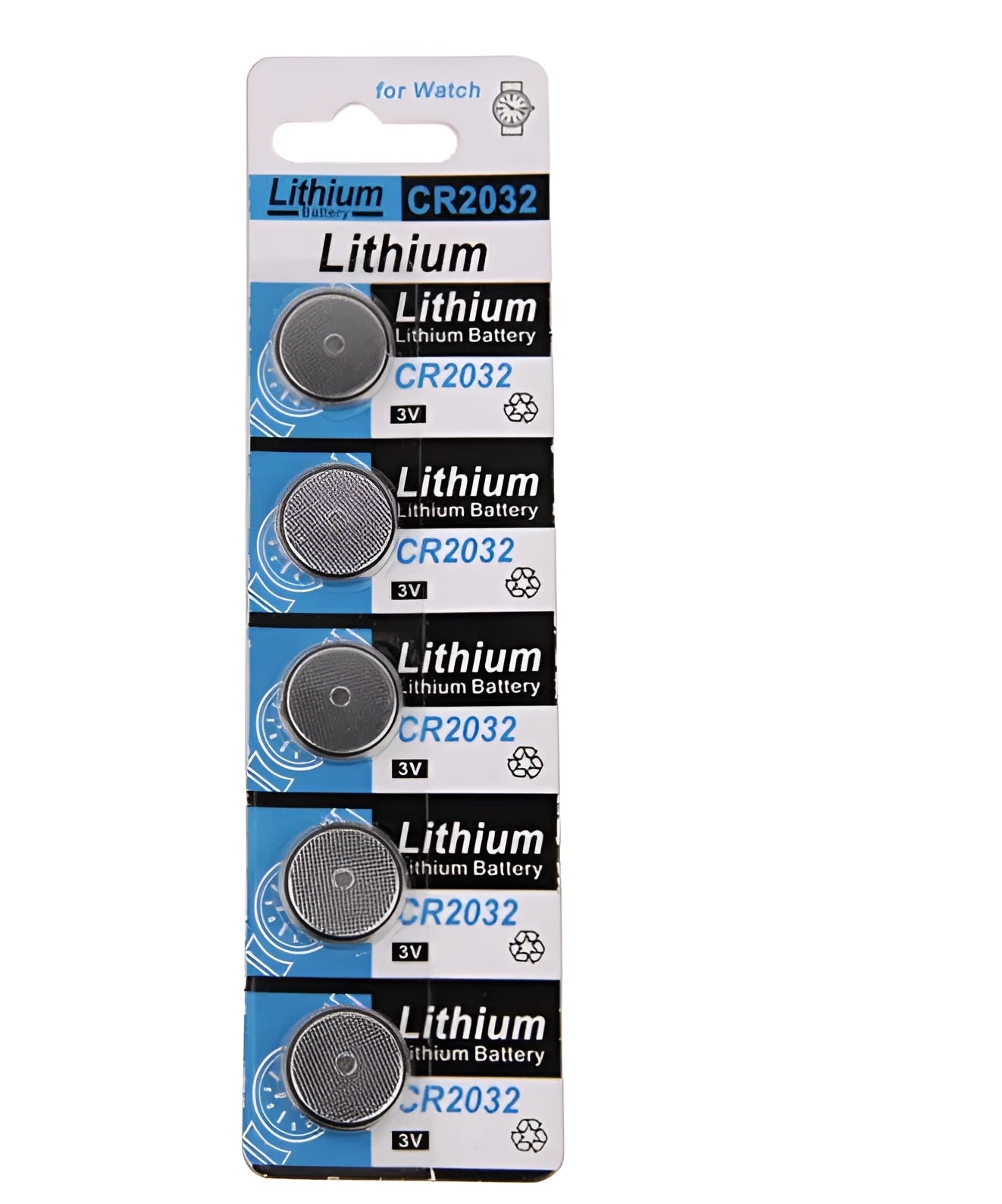 Pack of five CR2032 3V lithium button batteries on a blister card