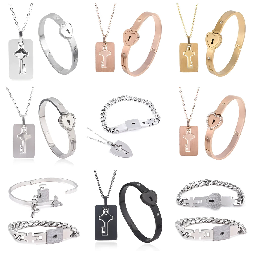 Titanium steel couple love lock bracelet key set necklace in electroplated finish