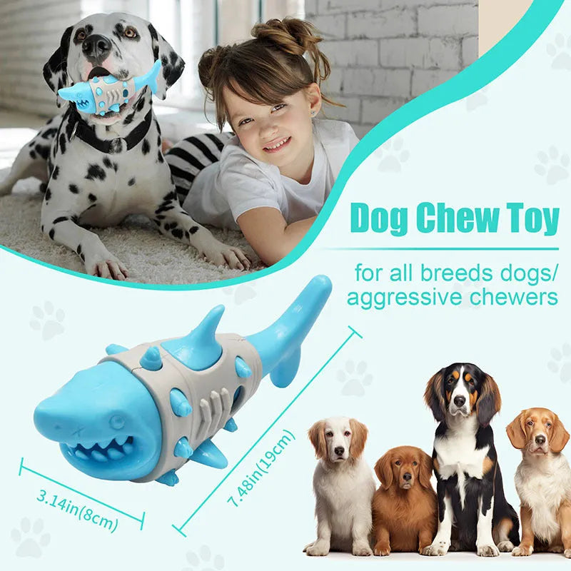 Blue, grey, and yellow dog chew toy with textured shark-tooth surface and leaky, vented holes
