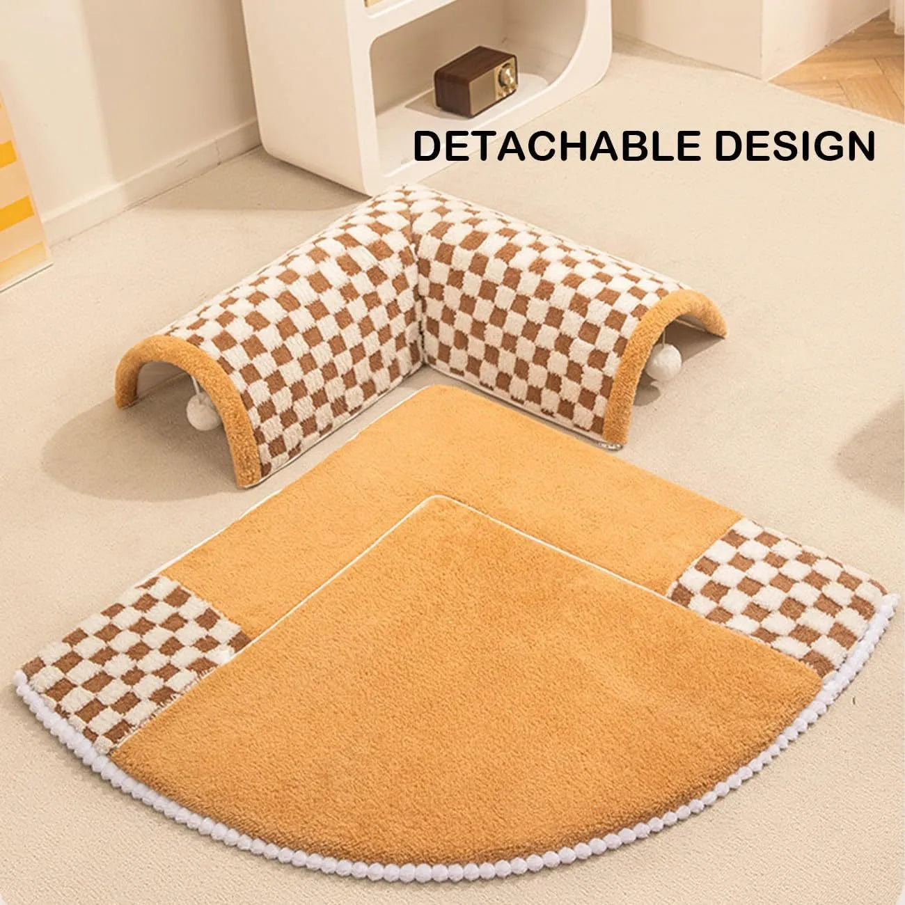 XL yellow plush pet bed with a connected tunnel and granular anti-slip base.