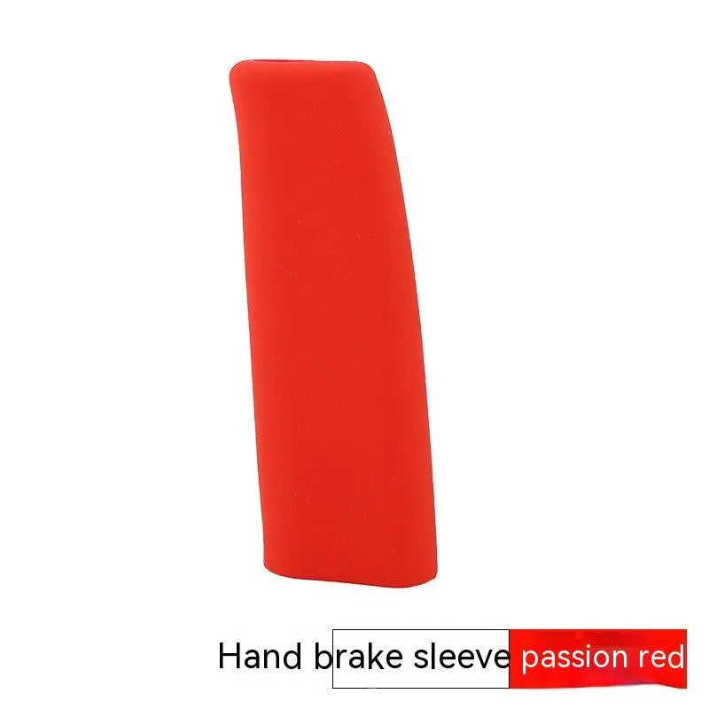 Universal silicone handbrake sleeve showing five colour options: beige, black, blue, grey, and red