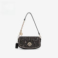 Black polyester crossbody underarm chain shoulder bag with chain strap on white background