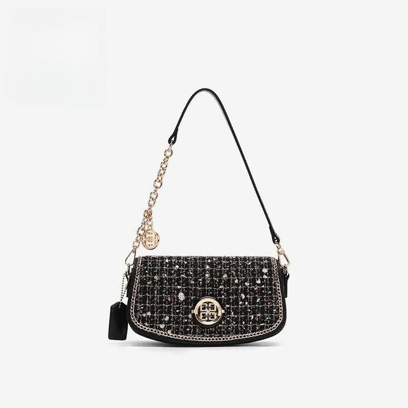 Black polyester crossbody underarm chain shoulder bag with chain strap on white background