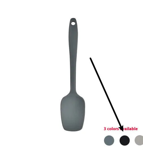 Black silicone kitchen utensil set with 12 tools stored in a rotating plastic storage bucket on a worktop.
