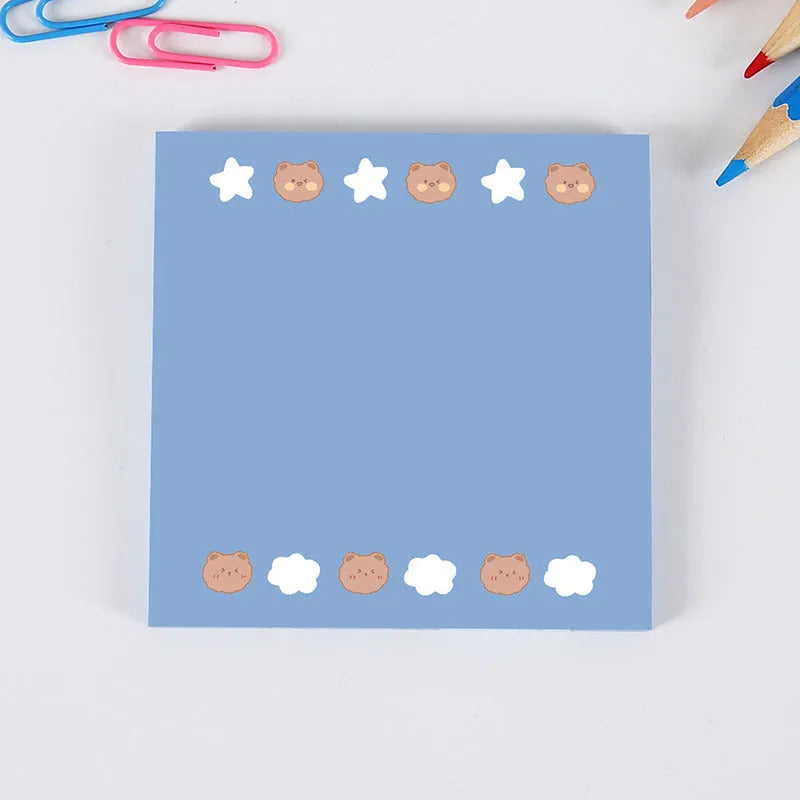 Cute cartoon bear sticky notes 8x8cm with 50 sheets, showing a Happy Bear design on a yellow background
