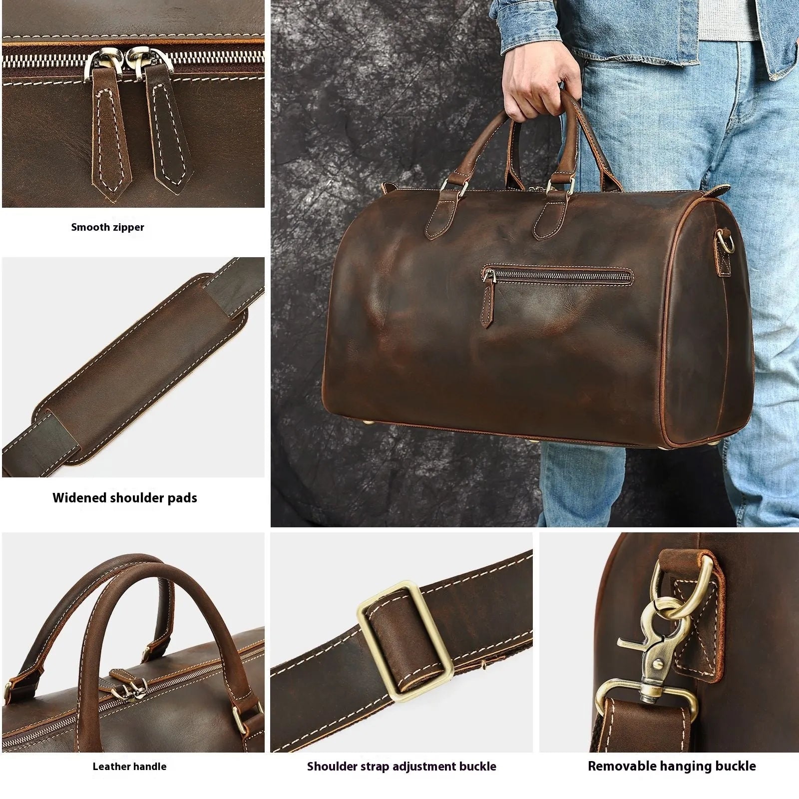 Genuine leather vintage crossbody bag showing 48.3cm width large capacity interior with polyester cotton lining