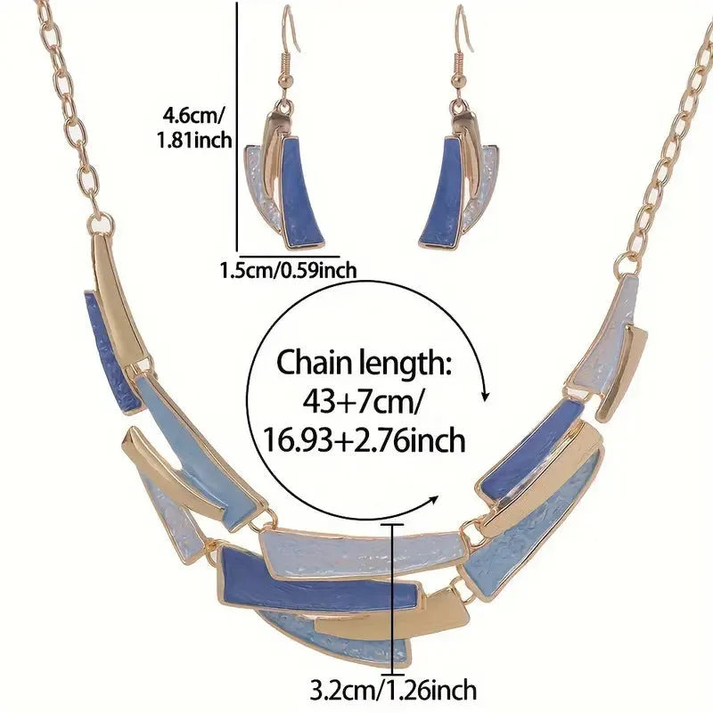 Blue zinc alloy bohemian necklace and earring set with irregular quadrilateral pendants on a light surface