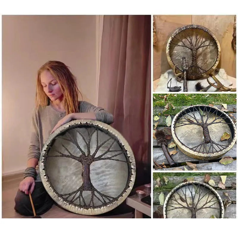 Handmade 25 cm birch shaman drum with Tree of Life design, grass green colour