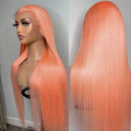 Light orange long straight front lace wig with side bangs on display
