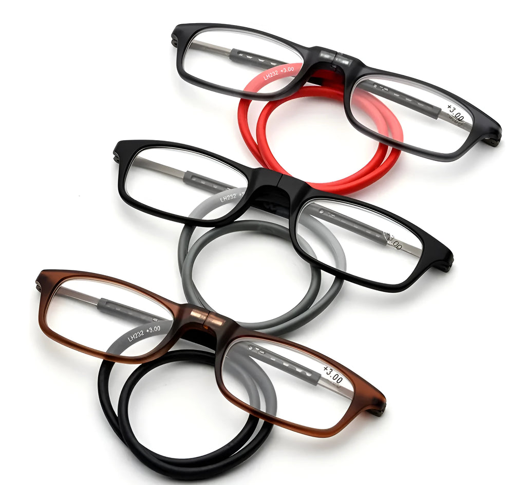 Portable magnetic hang neck reading glasses with pure titanium full frame, adjustable length, gray red legs colour