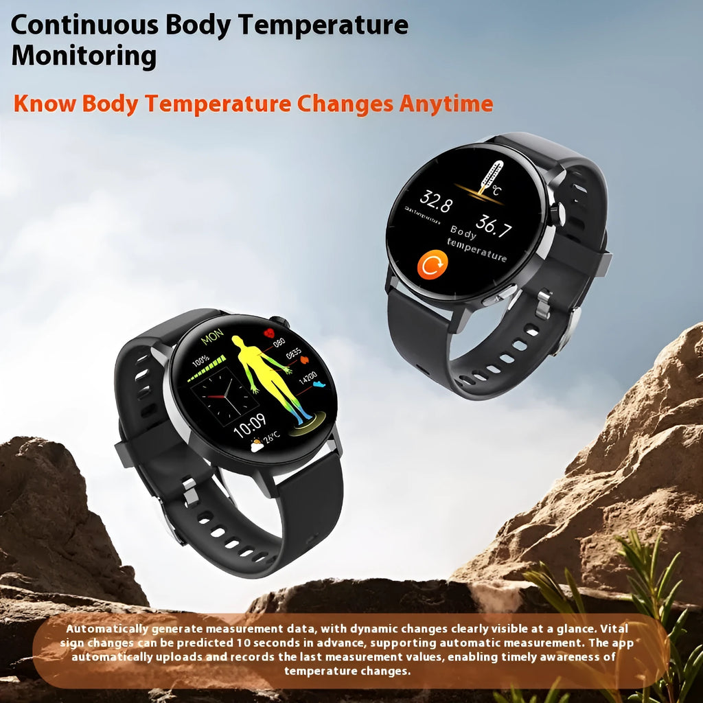 Black smart watch with IPS multi-touch screen, ECG blood glucose monitoring, and Bluetooth calling