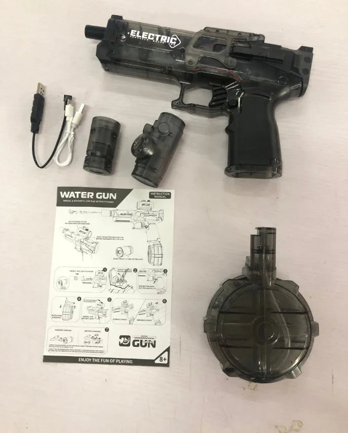 Electric water pistol in light version black or blue with automatic spray and USB charging cable