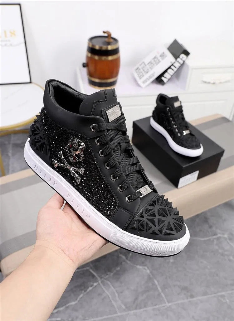 Men's black and red genuine leather high top skeleton shoes with lace-up front.