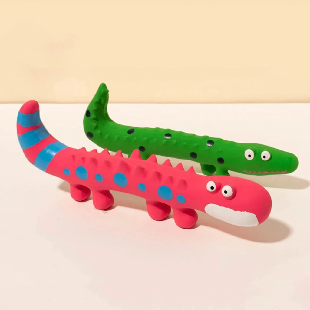 Green cartoon lizard-shaped squeaky dog chew toy for aggressive chewers.