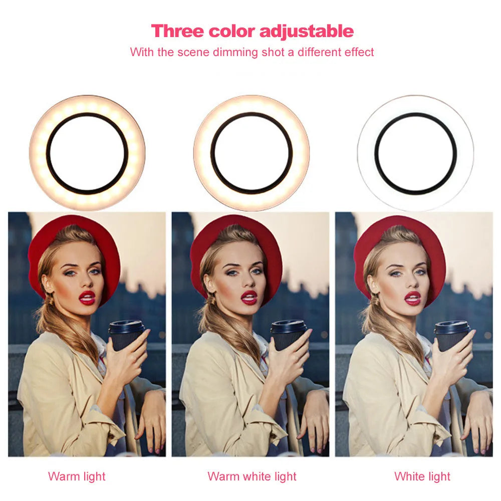 26cm LED ring light on tripod stand with phone clip and Bluetooth remote for smartphone desktop use