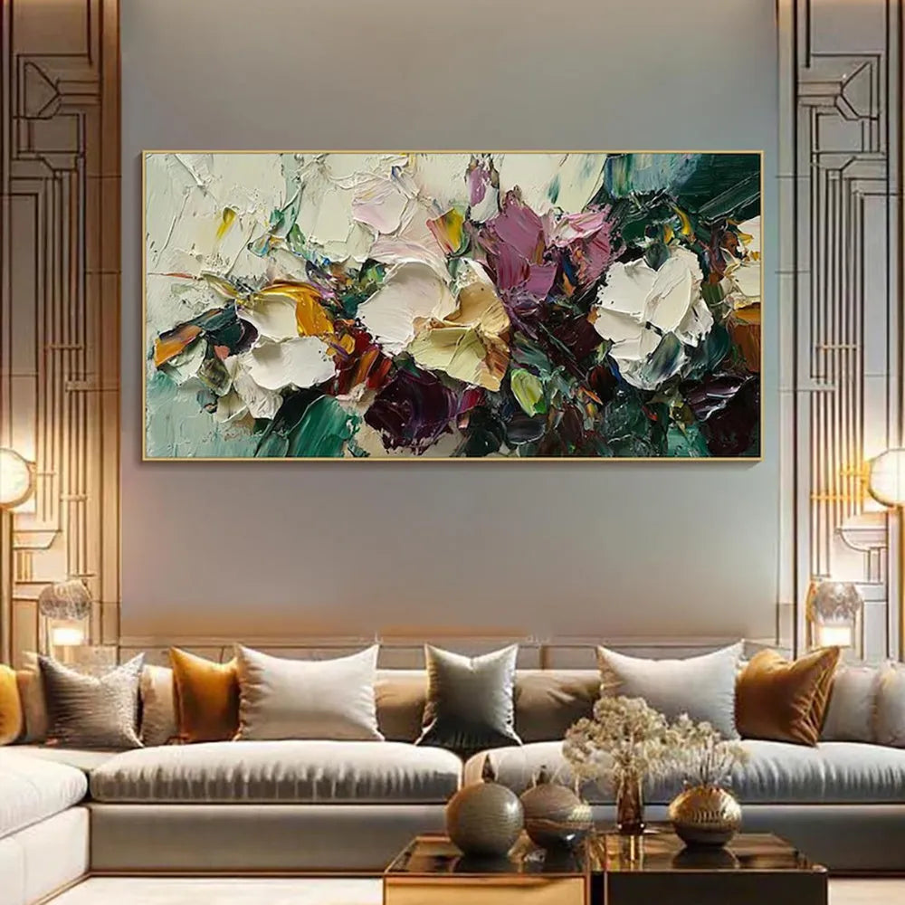 Hand-painted flowers oil painting on canvas, unframed horizontal wall art for home decor