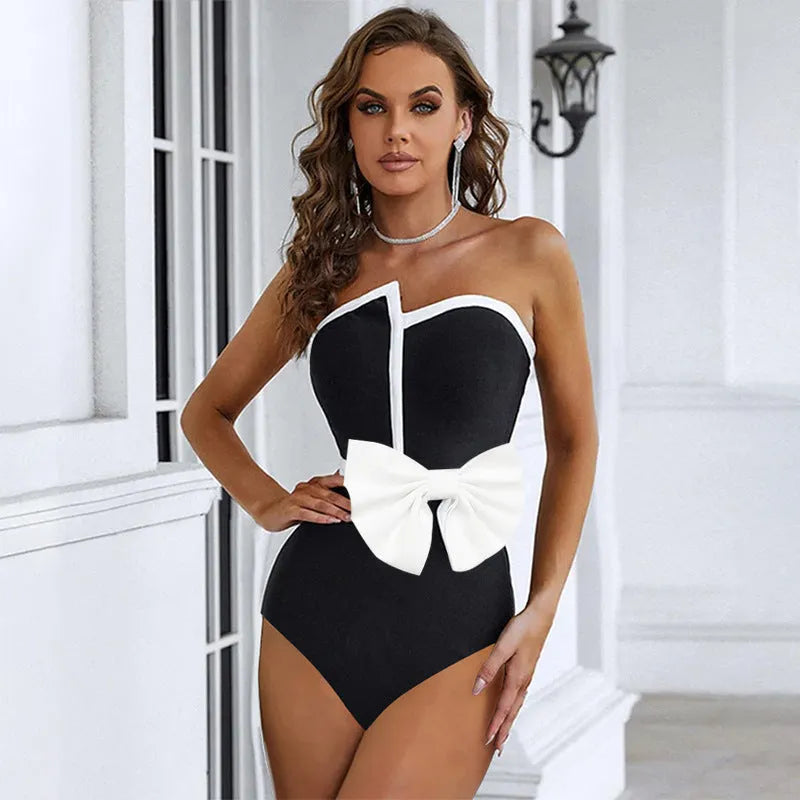 Women's black and white colour-block one-piece swimsuit with bow detail tube top
