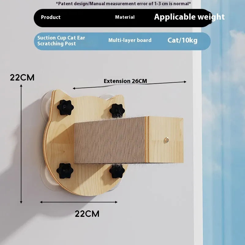 Wall-mounted cat activity centre with sisal scratching post, suspended ropes, and a space capsule top piece.