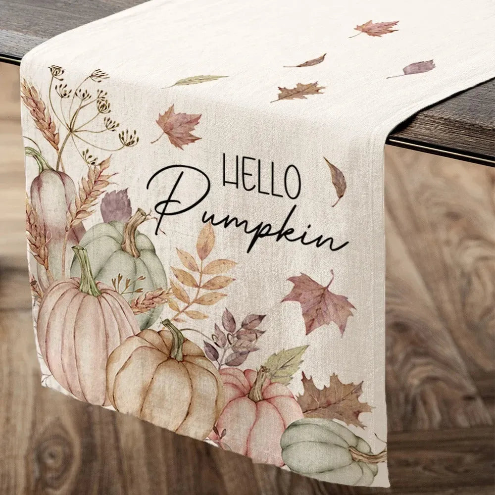 Beige polyester table runner, 33 x 183cm, with floral grass and leaf pattern for Thanksgiving table decoration