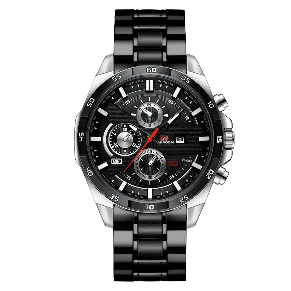 Men's casual wristwatch showing day-date window at 3 o'clock on a black dial with a rose gold case.