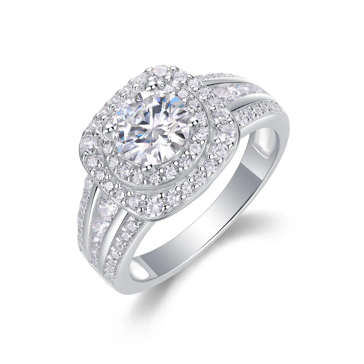 Silver moissanite ring with round inlaid stone and geometric design, shown in US sizes 5 to 9 with optional GRA certificate