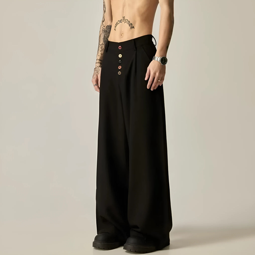 Men's solid colour casual trousers with wide-leg design and elasticated waist in cotton-polyester blend fabric