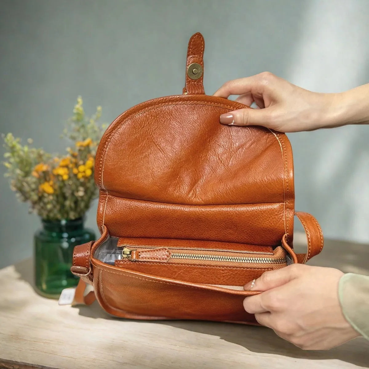 Brown genuine leather messenger bag with flap closure and crossbody strap showing internal organiser compartments